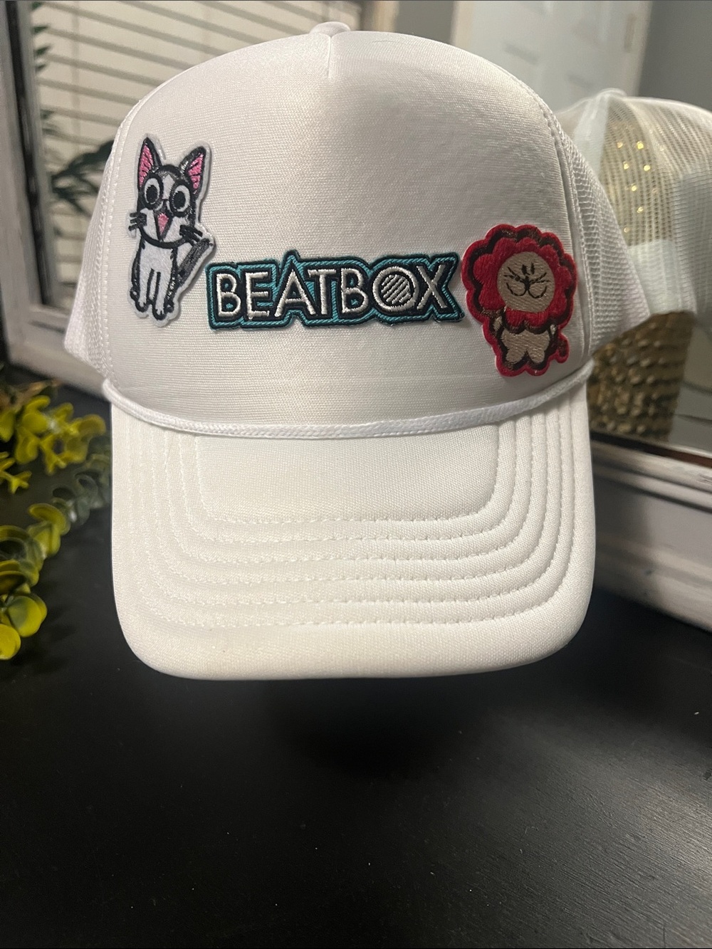 NEW Beatbox White Trucker Hat with Cute Custom Lion & Cat